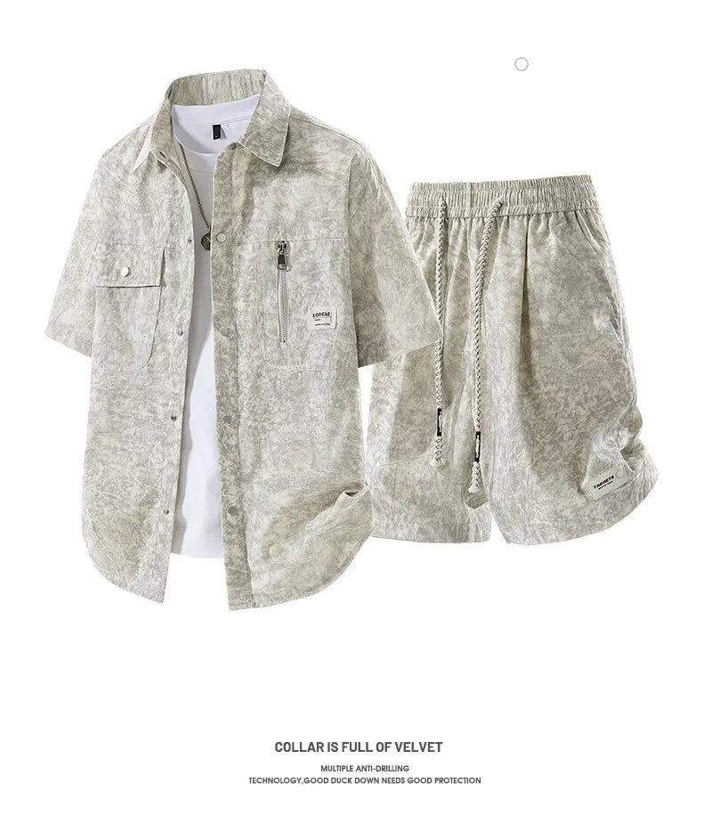 Men's Summer Casual Versatile Fashionable Cool Short-Sleeved Shirt And Shorts Set Trendy Business Casual Outfit.