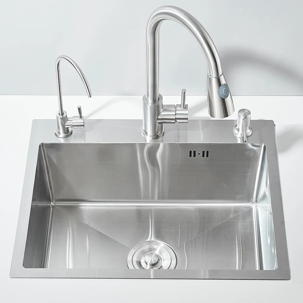 Edelstahl-Küchenspüle mit Wasserhahn, Trinkwasserhahn/Seifenspender, 55 x 45 cm, Spülbecken-Set mit Abflussset/Korb