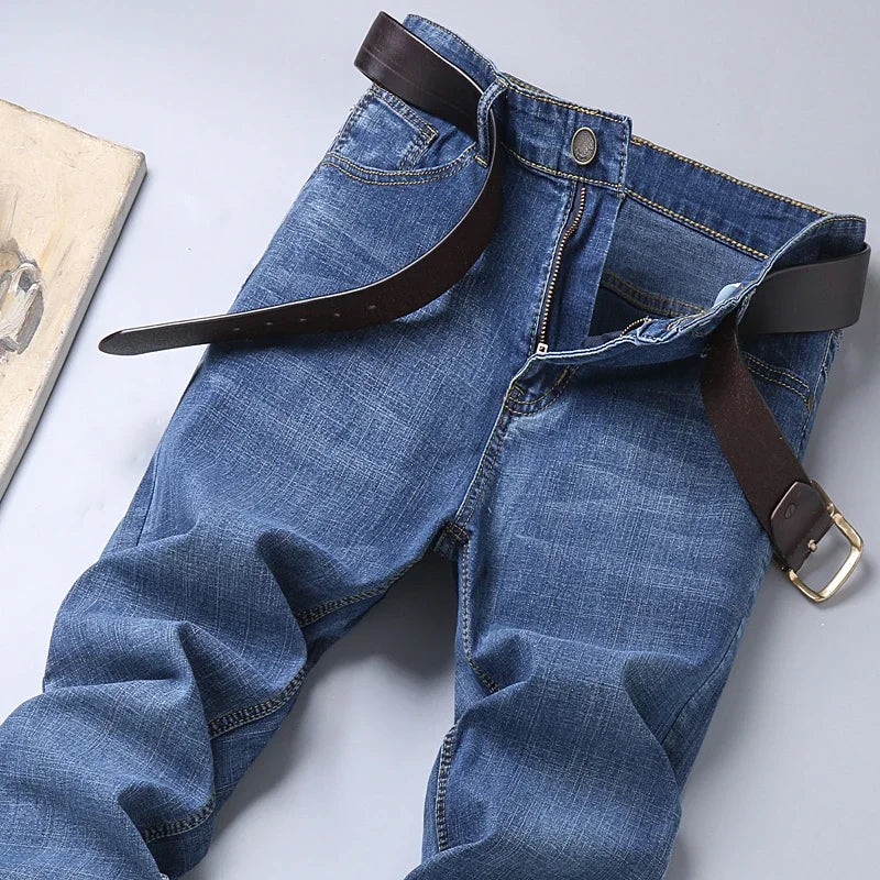 Spring Autumn Business Men Jeans Casual Straight Stretch Fashion Classic Black Sky Blue Grey Work Denim Trousers Brand Clothing.