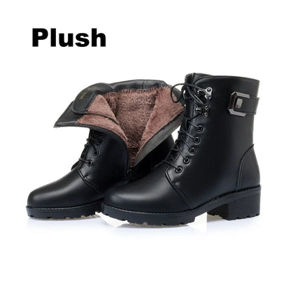 WOIZGIC Female Ladies Women Genuine Leather Ankle Boots Platform Winter Antumn Plush Fur Warm Shoes Plus Size Lace Up 35-43.