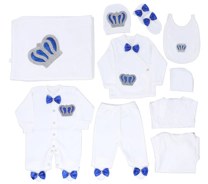 10-teiliges blaues 100 % Baumwollgewebe, gestrickt, Großhandel, individuell gestaltet, Neugeborene, neues Design, Winterkleidung, Kleidung, Luxus-Baby-Strampler-Set