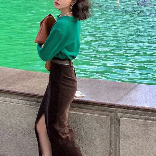 Vintage Brown Corduroy Skirts Women Autumn Winter Elegant with Belt Split Pencil Skirt Fashion High Waist Slim Midi Skirt Female.