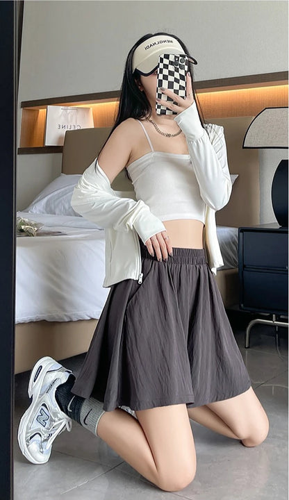 Women Quick Dry Sporty Short Pants Summer Thin Pleated Shorts Skirts High Waist A- Line Five Quarter Pants Cool Wide Leg Pants