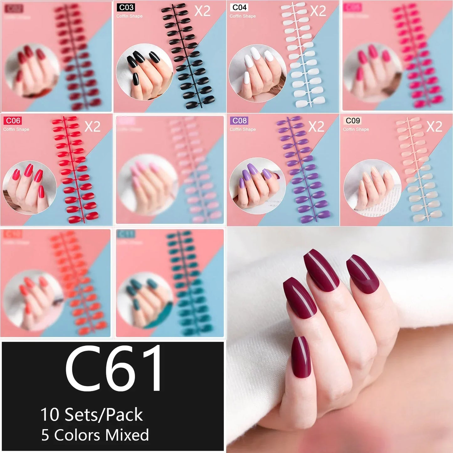 10 Sets/Pack Mixed Solid Colors Coffin Round Square Almond Shape False Nails Full Cover Nail Tips Short Fake Nails Tip Manicure