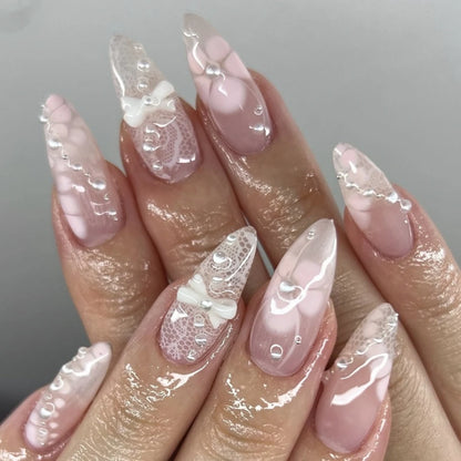 24pcs Graceful Bowknot Pearl Press on Nails White Petals False Nails Sweet Lace Designs Fake Nails French Almond Nail 3D Flower.