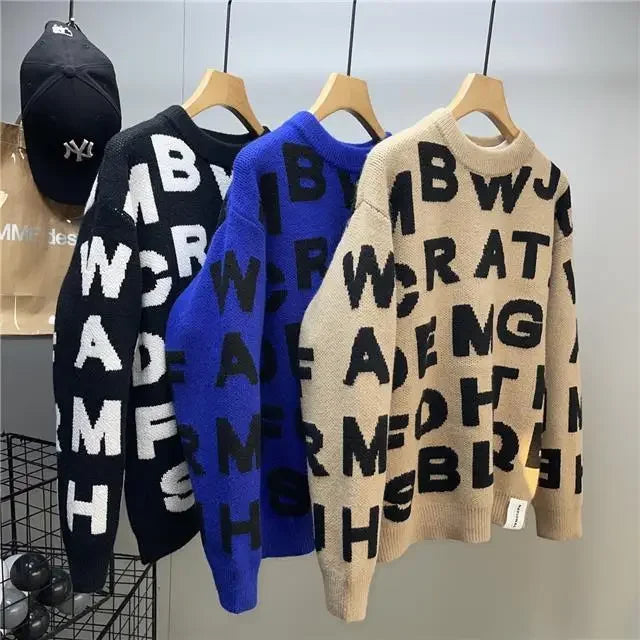 Sweater Men's Clothing Winter Full-print Letter Jacquard Loose Thickened Design Round Neck Top Trendy American Style Sweater.