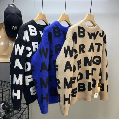 Sweater Men's Clothing Winter Full-print Letter Jacquard Loose Thickened Design Round Neck Top Trendy American Style Sweater.