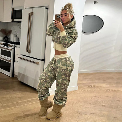 Women 2 Piece Sets Hooded Coat Straight Pants Camouflage Outfits Drawstring Zipper Jacket Tracksuit 2025 Streetwear Ensemble.