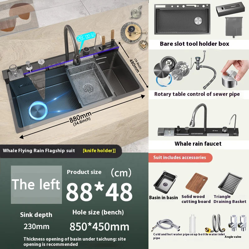 Stainless Steel Waterfall Kitchen Sink Extra Large Single Slot Multifunctional Sinks Digital Display Dishwashing Basin
