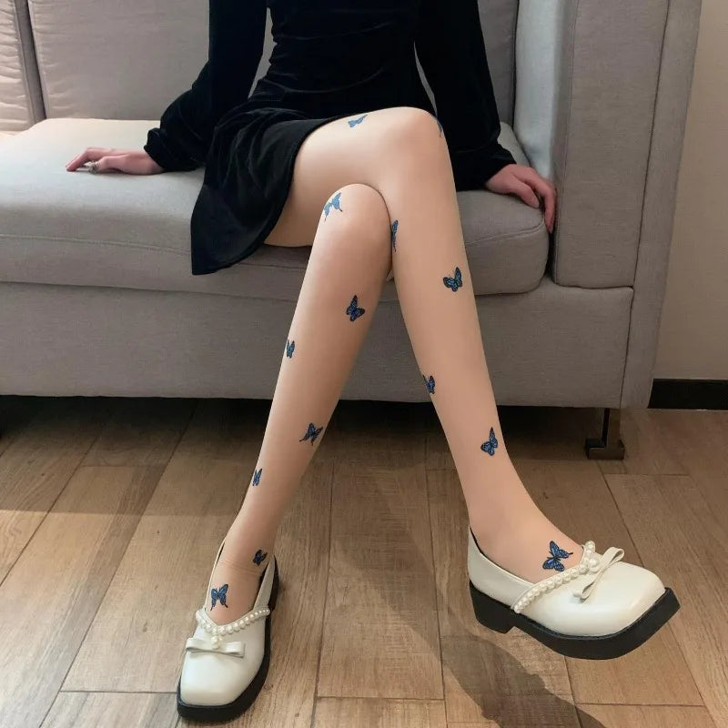 Blue Butterfly Print Tights Ultra-thin Slim Fit Pantyhose Elastic Butterfly Pattern Stockings Women's Stockings Hosiery.