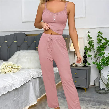 Zweiteiliges Pyjama-Set für Frühling und Sommer für Damen, Nachtwäsche, Spitzen-Hosenträger, Oberteile und lange Hosen, Pijamas, Loungewear.
