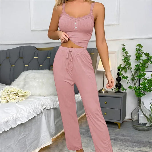 Zweiteiliges Pyjama-Set für Frühling und Sommer für Damen, Nachtwäsche, Spitzen-Hosenträger, Oberteile und lange Hosen, Pijamas, Loungewear.