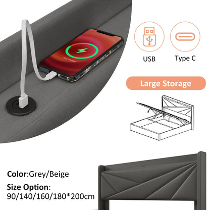 90/140/160/180 * cm Polster bett Doppel-Stauraum box mit USB-Typ-C-Lade kopfteil (Matratze nicht im Lieferumfang enthalten)