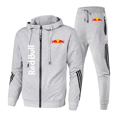2025 Red Bull Brand Logo Printed Men's Zipper Hoodie With Casual Trousers Cycling Sports Two-piece Solid Color Simple Men's Suit.