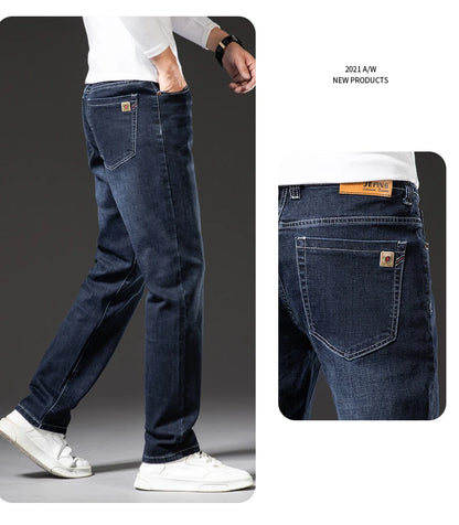 Große Größe 40, 42, 44, 46, lockere, gerade Jeans für Herren, Herbst, neue Business-Casual-Stretchhose, klassische blaue Denim-Hose für Herren
