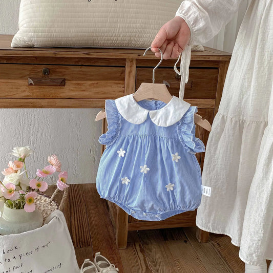 Babykleidung 2025, Sommer-Baby-Body für Mädchen, Baumwolle, ärmellos, für Kleinkinder, blau, weiß, gestreift, Einteiler, süßes Kleinkind-Einteiler.