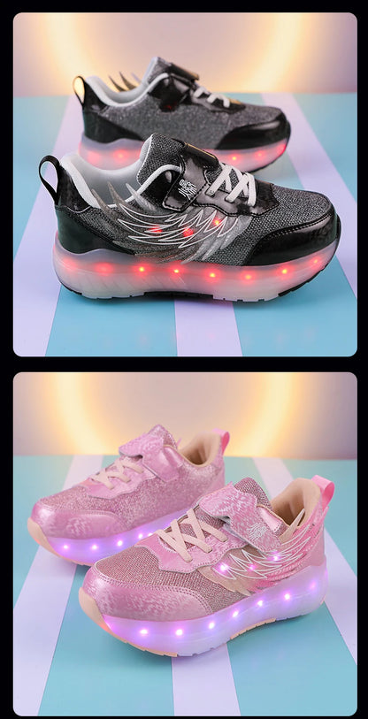 Boys Girls Roller Shoes LED Light Up USB Charging Children Roller Skate Casual Skateboarding Shoes Sports Shoes Kids Sneakers