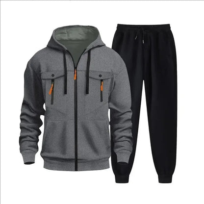Autumn and winter new men's sweatshirt sport set, fashionable windproof and warm men's zipper hoodie and pants 2-piece set.