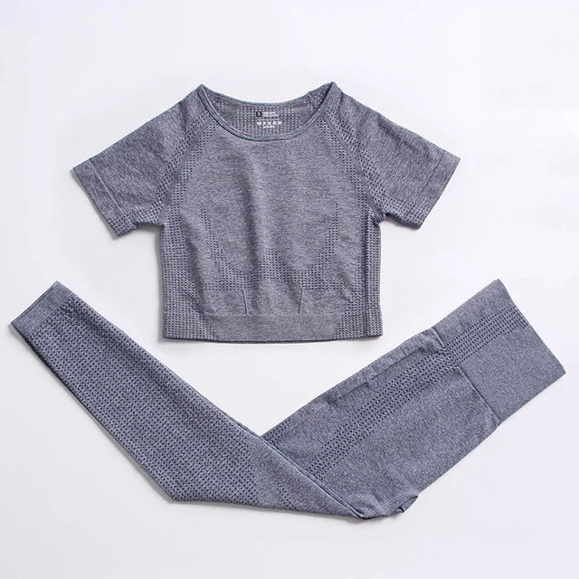 2/4PCS Summer Seamless Yoga Set Women Workout Clothes Sports Bra Short Sleeve Crop Top High Waist Legging Fitness Sports Suits