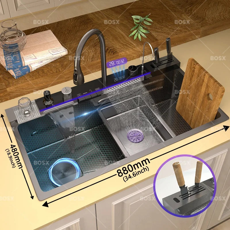 Wasserfall-Edelstahl-Küchenspüle, multifunktionale Digitalanzeige, Wasserhahn, Waschbecken und Gemüsebecken, großer Einzelschlitz