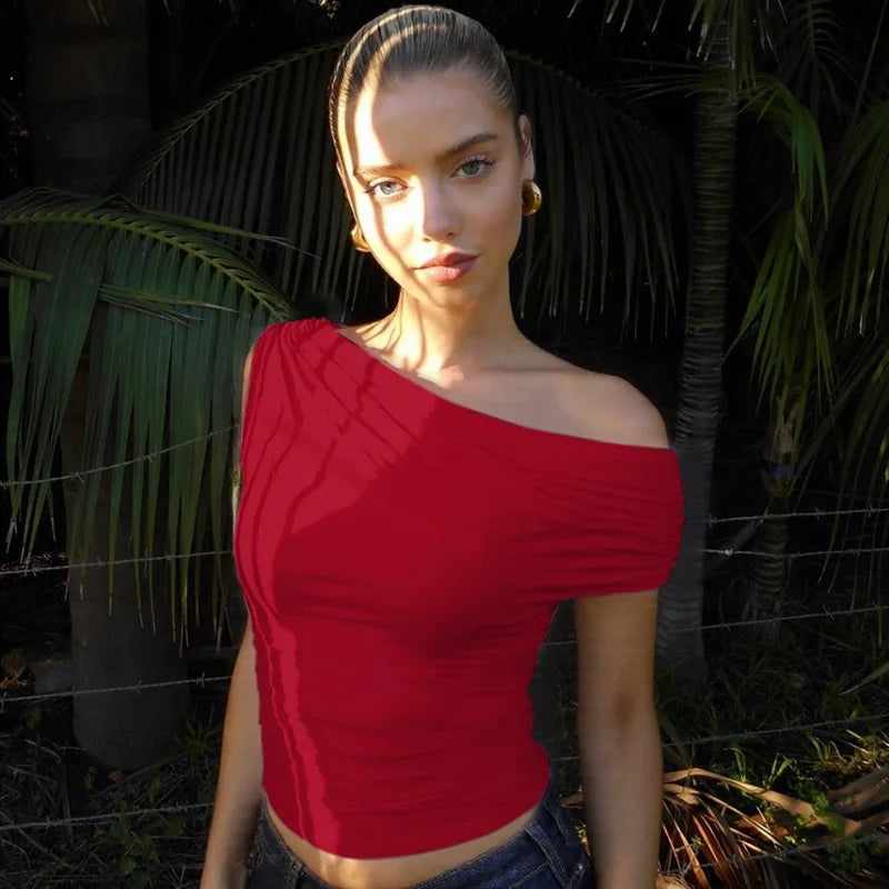 Talenza Sexy One Shoulder Tops Womens Summer Fashion Hot Girls Backless Pleated Slim T-Shirt Casual Office Lady Party Tops Women