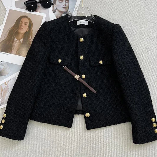 Schwarz Tweed Jacken Frauen Koreanische Mode Metall Schnalle Design Kurze Mäntel Frau Herbst Winter Einreiher Oansatz Oberbekleidung