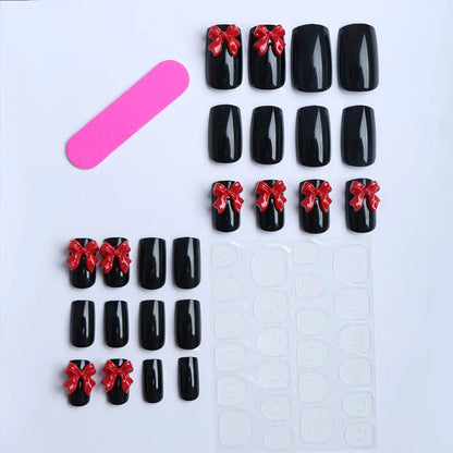 White French Press on Nails 3D Bowknot Fake Nails Tips Full Cover Wearable False Nails for Women and Girls DIY Manicure 24Pcs