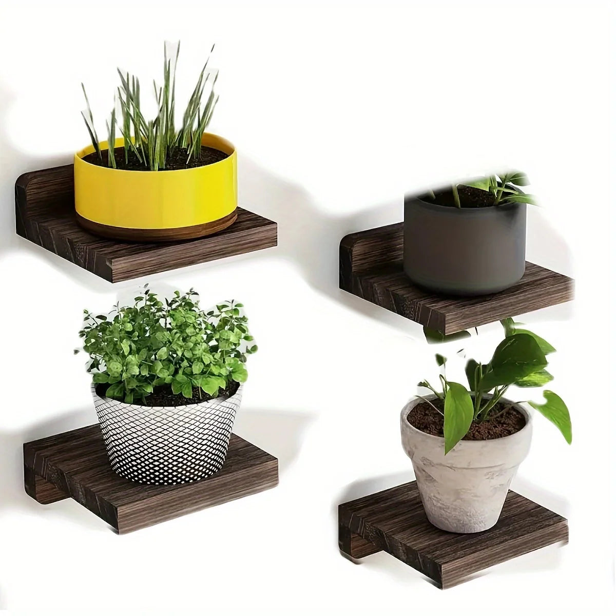 Ein Set mit 4 Wandblumenregalen aus Holz, bestehend aus einem einfachen Design zur Wandaufbewahrung, geeignet für die Dekoration im Badezimmer