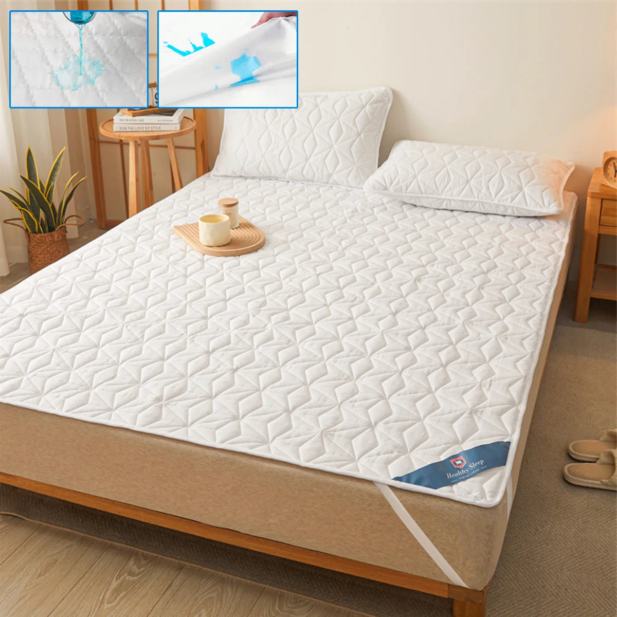 Waterproof Mattress Protector - Breathable Noiseless Mattress Cover Pad with 4 Elastic Corner Straps Fits up to 40 cm deep.