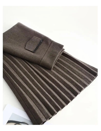 Temperament Autumn Winter New Skirts Women Solid High Waist Pleated Fashion Office Lady A-line Mid-length Knitting Pleated Skirt.