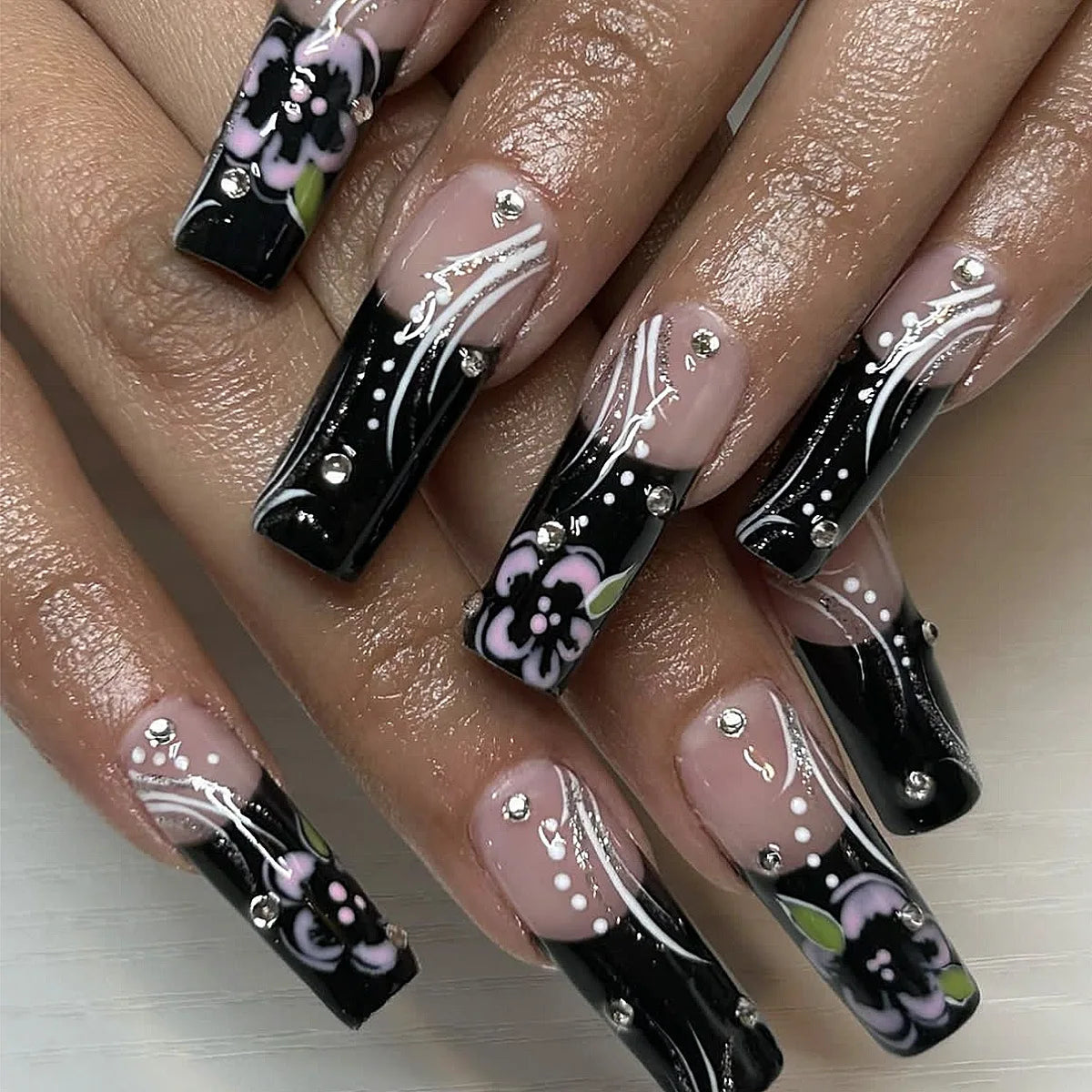Mid-length Coffin Fake Nails 24Pcs White French Tip Ballerina Press On Nail Pink/White Flower Printed Spring/Summer DIY Manicure.