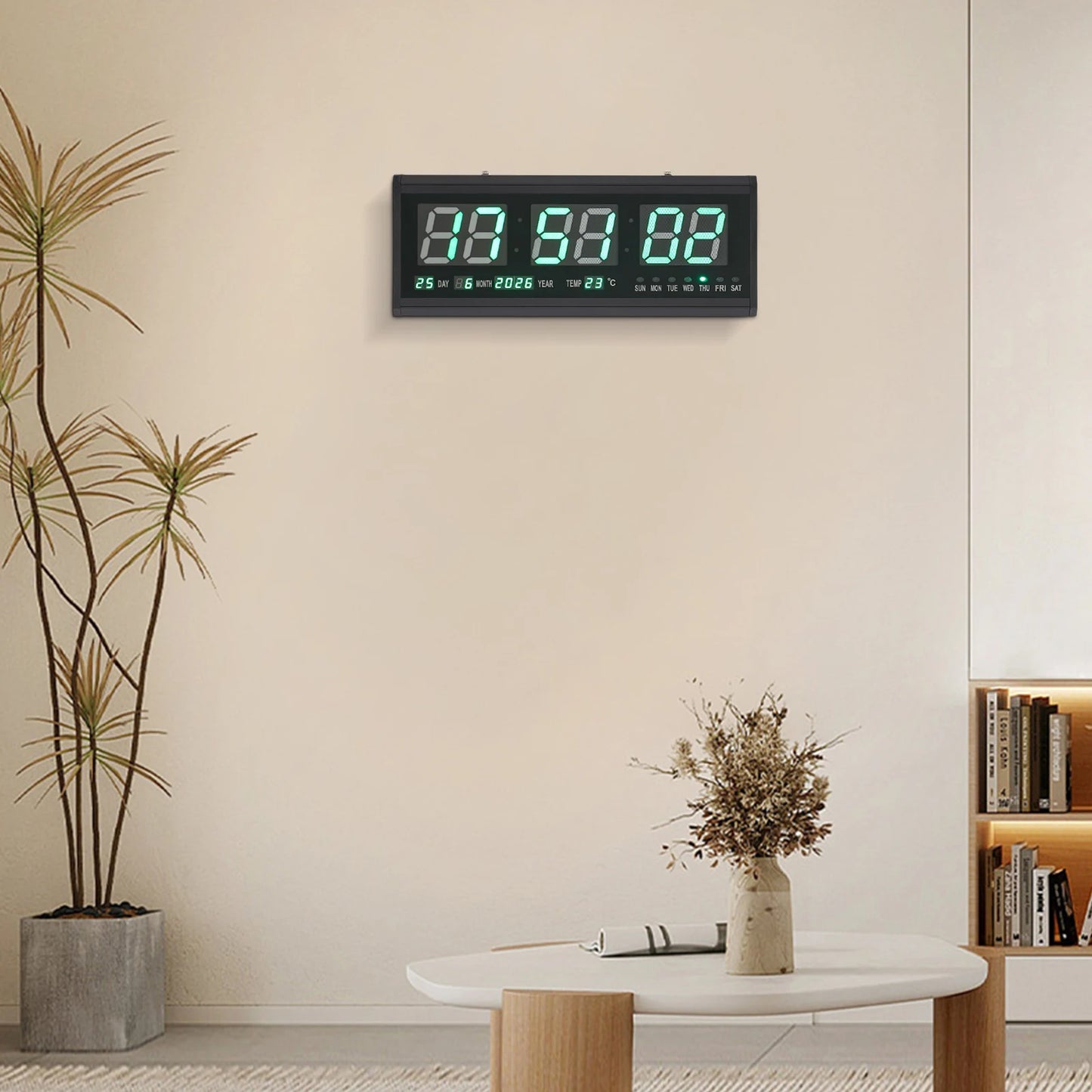 220 V große LED-Digital-Wanduhr, Zeit, Temperatur, Datum, Woche, Anzeige, automatischer Dimmer, leuchtende, leise Tischuhr, Wanduhr, 48 x 19 cm