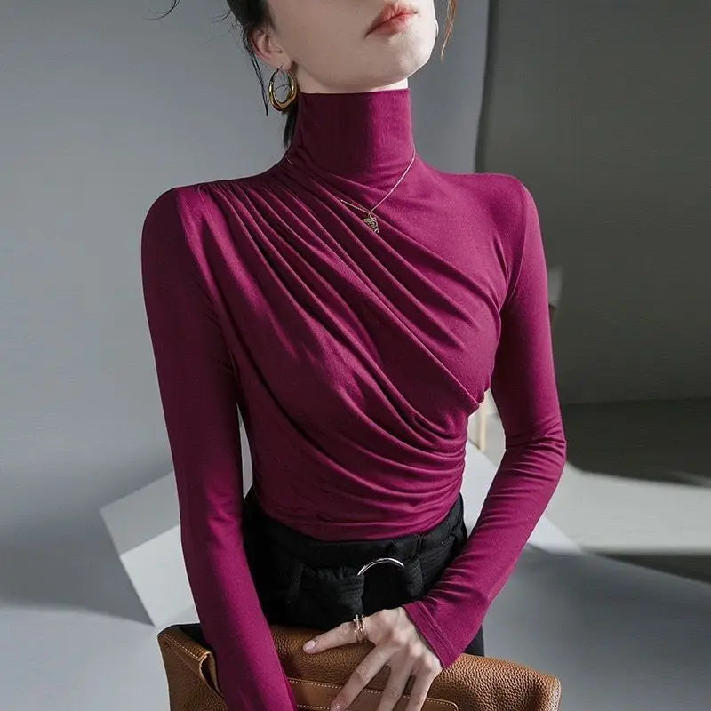 Pleated Stretch T-shirt New Spring Autumn Turtleneck Bottoming Pullover Women's Casual Elegant Basic Top Shirts Harajuku Gothic.