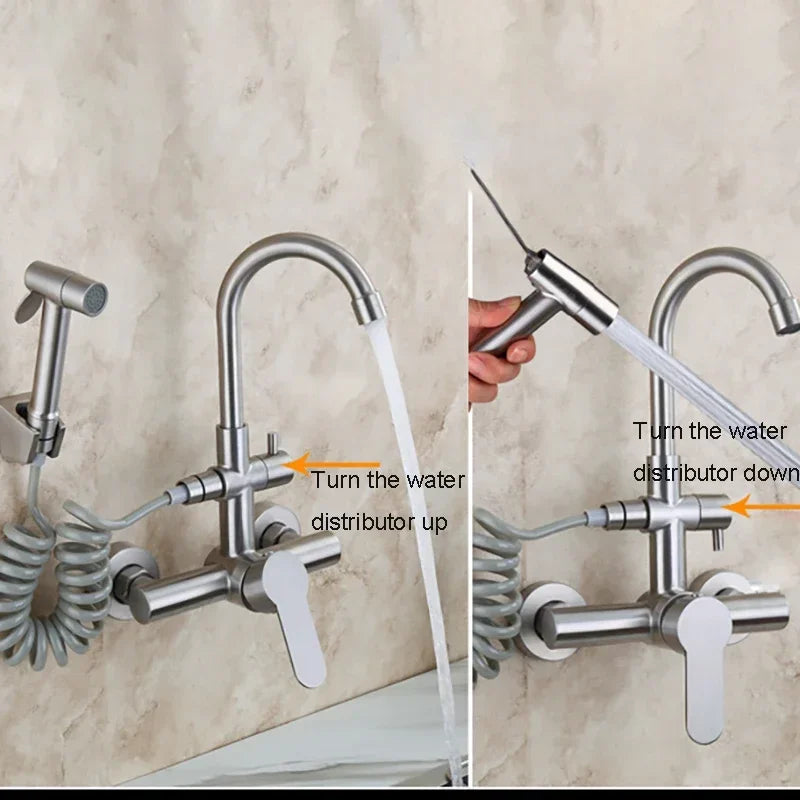 Kitchen Faucet Stainless Steel Double Hole Hot and Cold Mixing Tap Wall Mount Balcony Laundry Swivel Tap With Spray Gun 주방수전