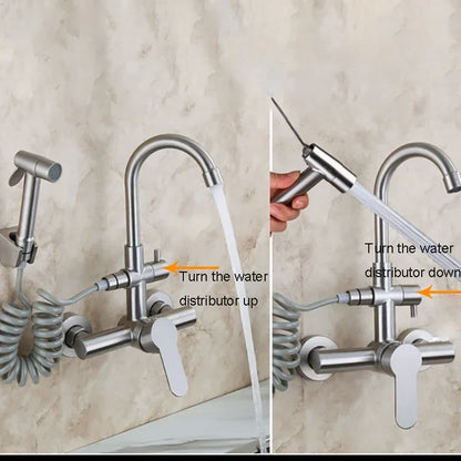 Kitchen Faucet Stainless Steel Double Hole Hot and Cold Mixing Tap Wall Mount Balcony Laundry Swivel Tap With Spray Gun 주방수전