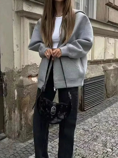 TRAFZA Winter Neue frauen Zipper Hoodie Mantel High Street Doppel Taschen Jacke Oversize Lose Sweatshirts Oberbekleidung Top.