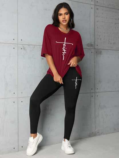 Sommermode für Damen, All-Match, Glaube, Buchstabendruck, lockere, große T-Shirt-Leggings, zweiteiliges Set, kurze Ärmel und lange Hosen