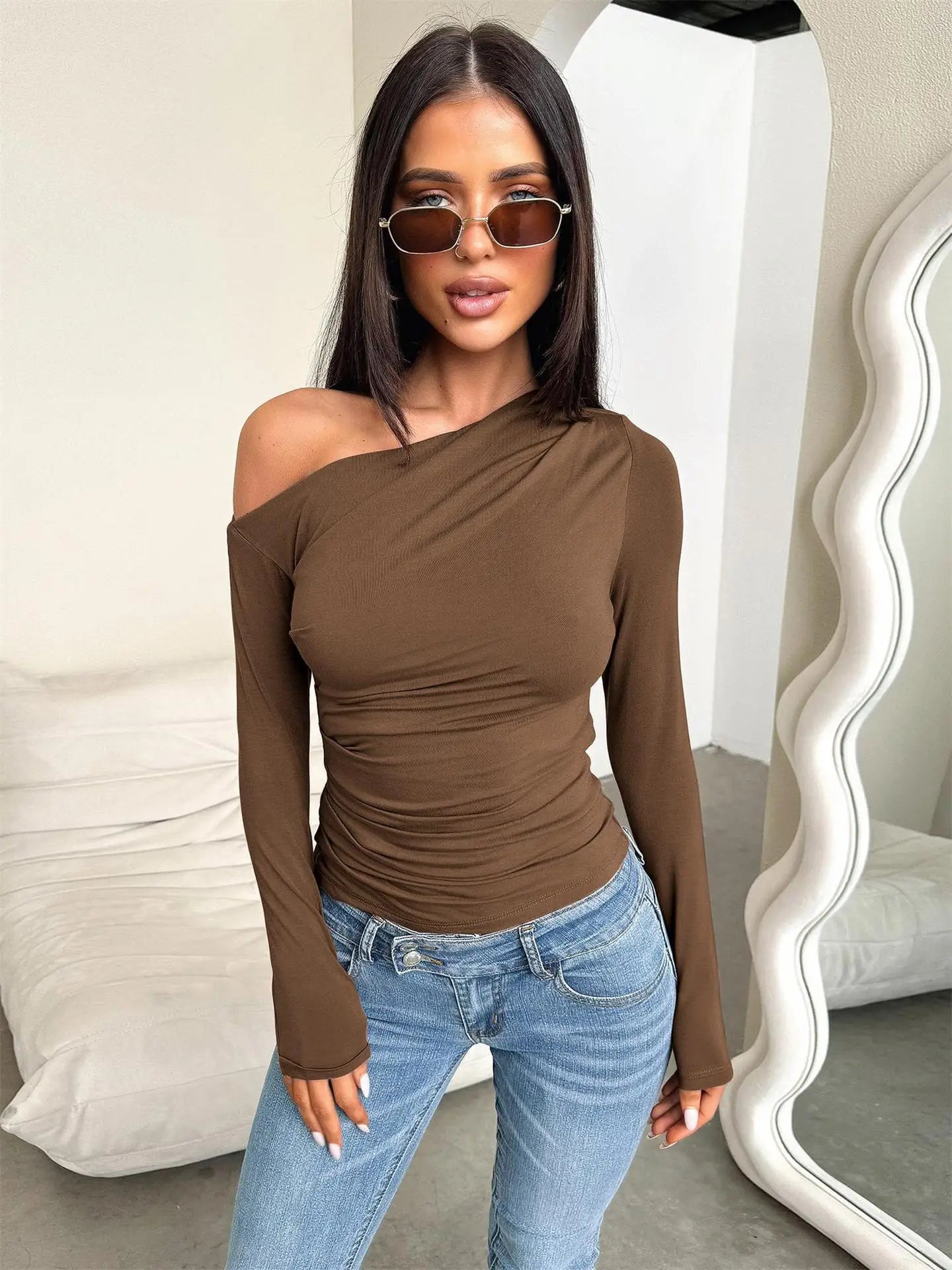 2025 New Spring Women's Casual Long Sleeve Boat Neck Off Shoulder Slim Fit Crop Top Going Out Blouses Y2K Tight Shirts Autumn.