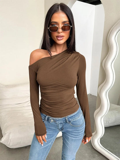 2025 New Spring Women's Casual Long Sleeve Boat Neck Off Shoulder Slim Fit Crop Top Going Out Blouses Y2K Tight Shirts Autumn.