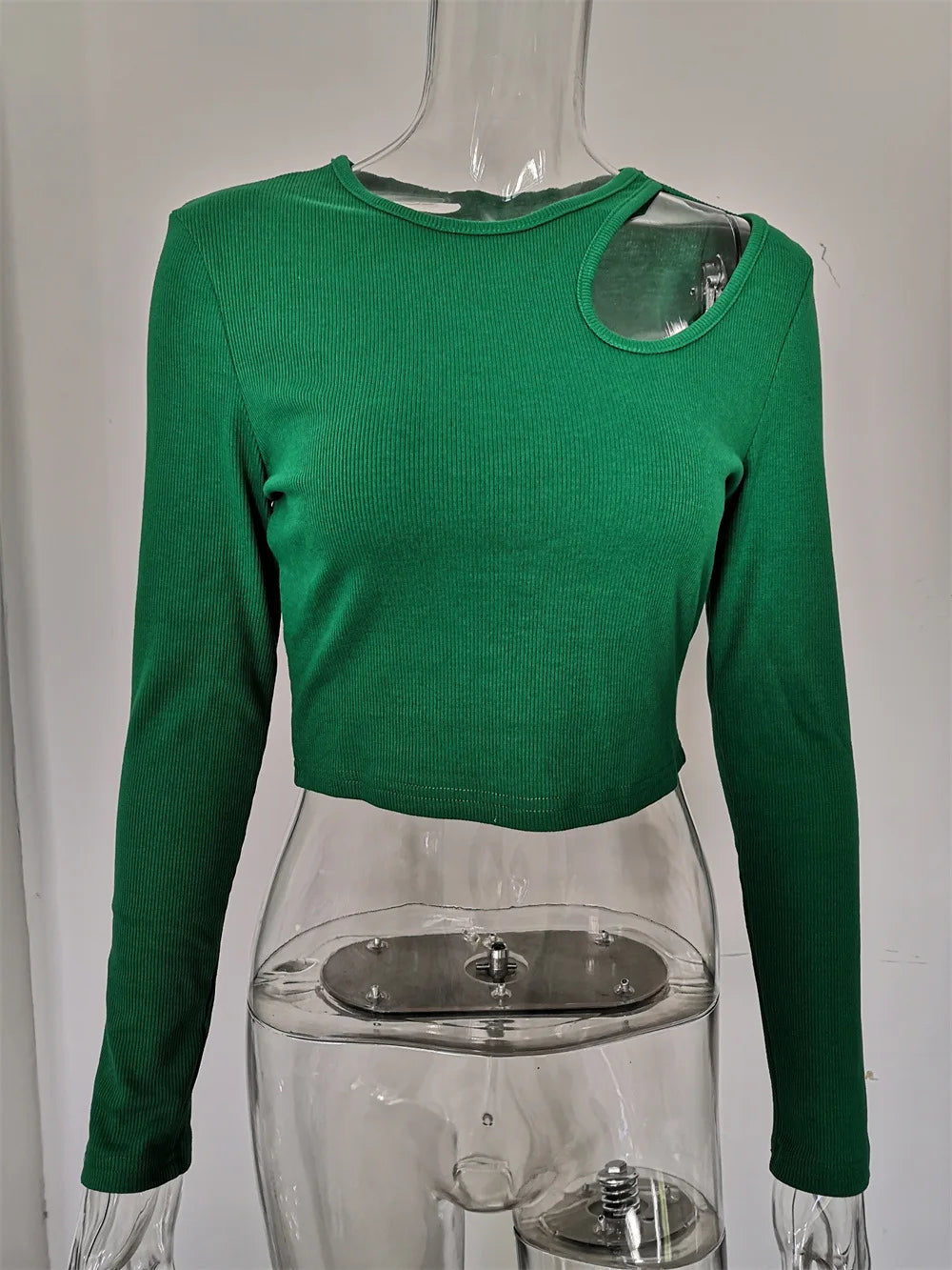 Autumn Winter Ribber Knitted T Shirts Women Green Spring Cut Out White Basic Long Sleeve Crop Tops Casual Tees.