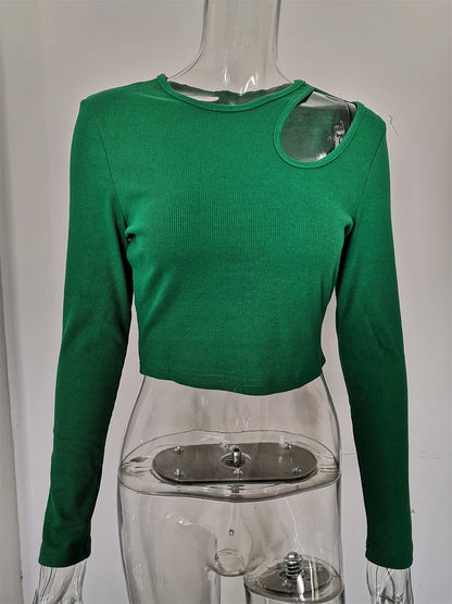 Autumn Winter Ribber Knitted T Shirts Women Green Spring Cut Out White Basic Long Sleeve Crop Tops Casual Tees.