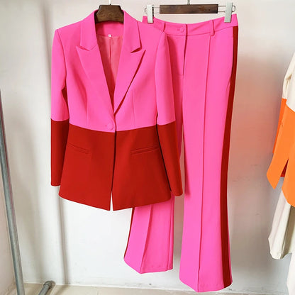 HIGH STREET Newest 2024 Designer Runway Suit Set Women's Single Button Color Block Blazer Flare Pants Suit.
