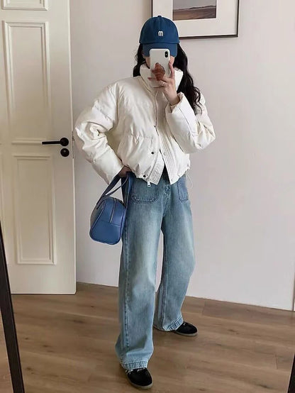 Winter Warme Dicke Parkas Frauen Neue Mode Lose Ernte Jacke Weibliche Schwarz Baumwolle Gepolsterte PU Leder Elegante Zipper Mantel Y2K Tops
