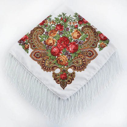 Women Luxury Floral Printed Russian Scarf Ukrainian Fringed Square Scarves Babushka Handkerchief Head Wraps Travel Shawl.