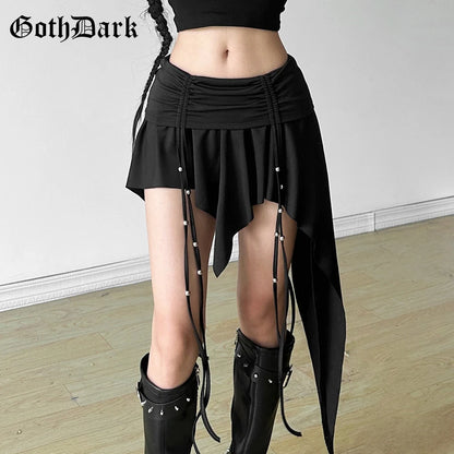 Goth Dark Mall Gothic Dropped Waist Drawstring Mini Skirt Punk Grunge Women Irregular Hem A-line Skirts Chic E-girl Techwear Y2K.