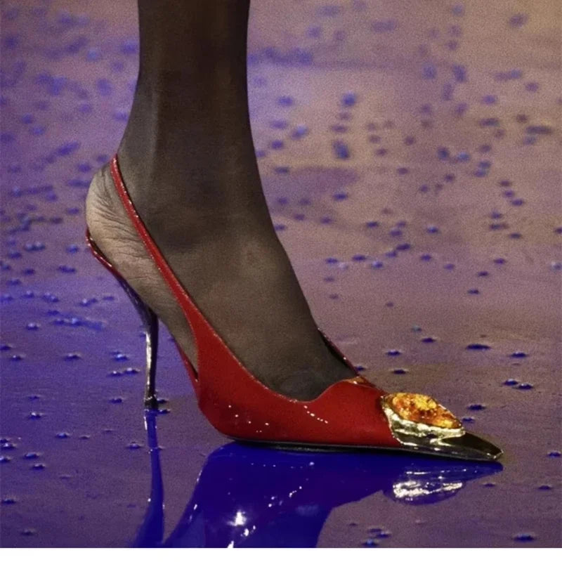 Iron Head Fashion Heterosexual Red High Heels Fox Head Jewel Decoration New Plus Size Banquet Shoes Women's High Heel Sandals.