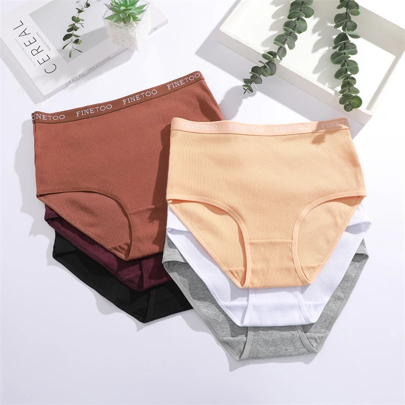 4Pcs/Set Women's Ribbed Striped Cotton Briefs Plus Size Panties Lady High Waist Breathable Underwear Solid Lingerie Shorts S-XXL.