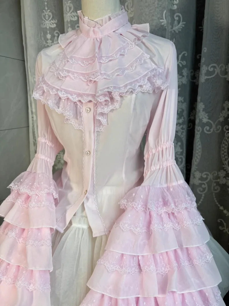 Victorian Elegant Lolita Style Shirts Japanese Women Vintage Gothic Lace Ruffles Flare Long Sleeve Blouses Sweet Y2k Slim Tops.