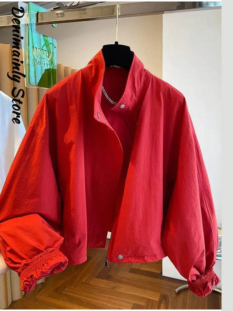 Straße Solide Zipper Dünne Jacke Frauen Stehen Kragen Volle Hülse Kordelzug Straße Jacken 2025, Herbst Dame Casual Outwears Neue.