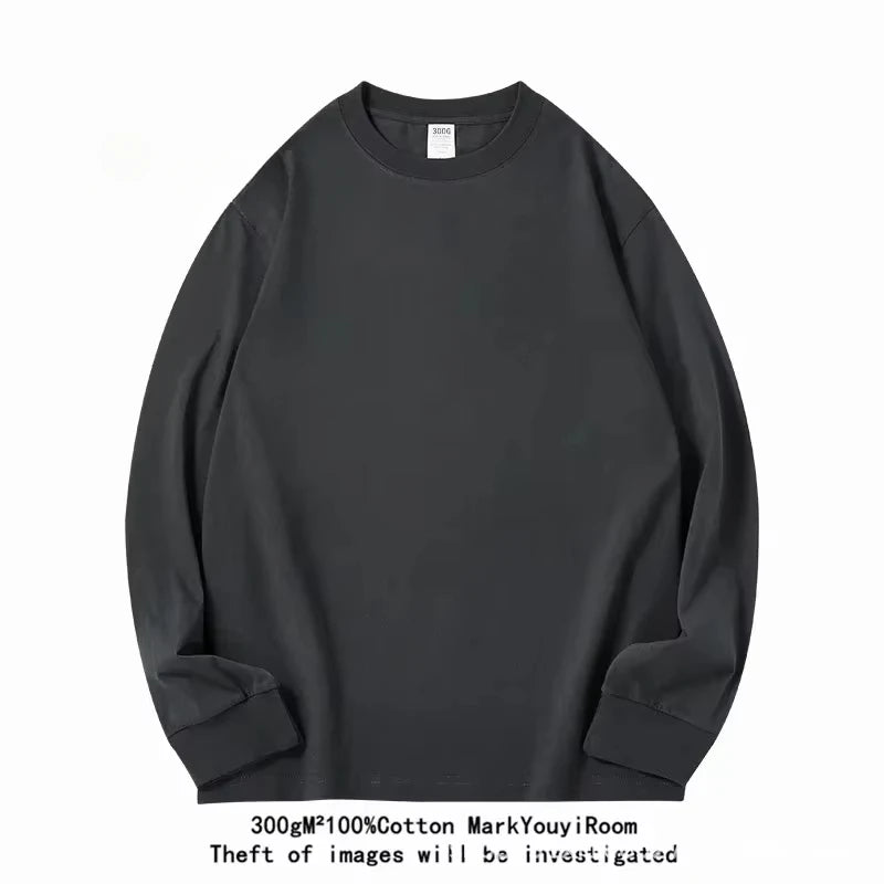 Spring Autumn 300g Heavy-duty Pure Cotton Long Sleeved  T-shirt FLoose White Top Thick Base Layer Underneath for Men and Women.